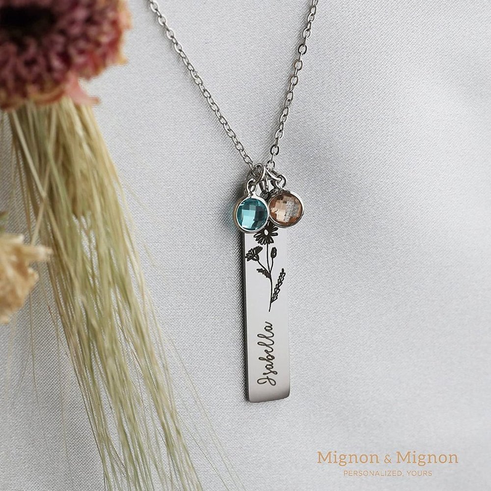 Silver Custom Birthstone Necklace Birth Flower Name Personalized Gift for Her